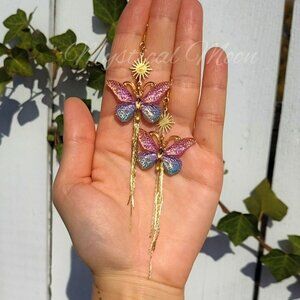 Whimsical Colorful Acrylic Butterfly Long Dangle Earrings with Tassels Bohemian